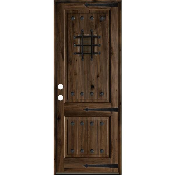 Krosswood Doors 32 in. x 96 in. Mediterranean Knotty Alder Right-Hand/Inswing Glass Speakeasy Black Stain Solid Wood Prehung Front Door