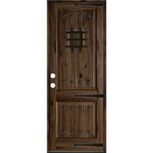 42 in. x 96 in. Mediterranean Knotty Alder Right-Hand/Inswing Glass Speakeasy Black Stain Solid Wood Prehung Front Door
