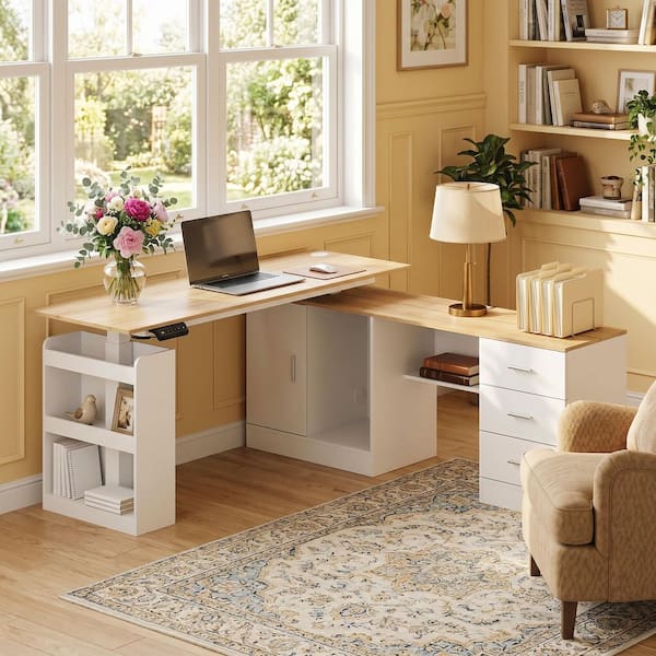 63 in. W L- Shaped White Wood Adjustable Height Computer Desk Ergonomic Writing Desk Memory Preset Controller