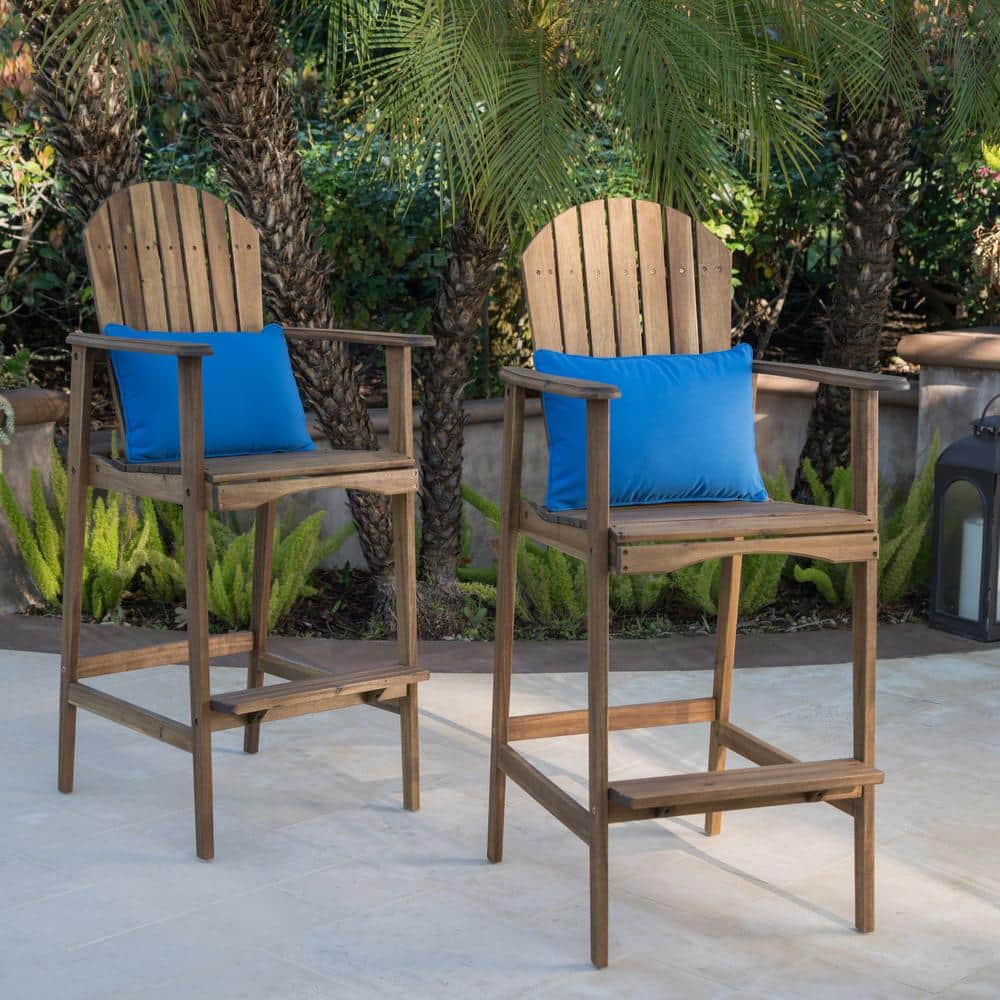 Natural Acacia Wood Outdoor Adirondack Barstools with Arms, Set of 2