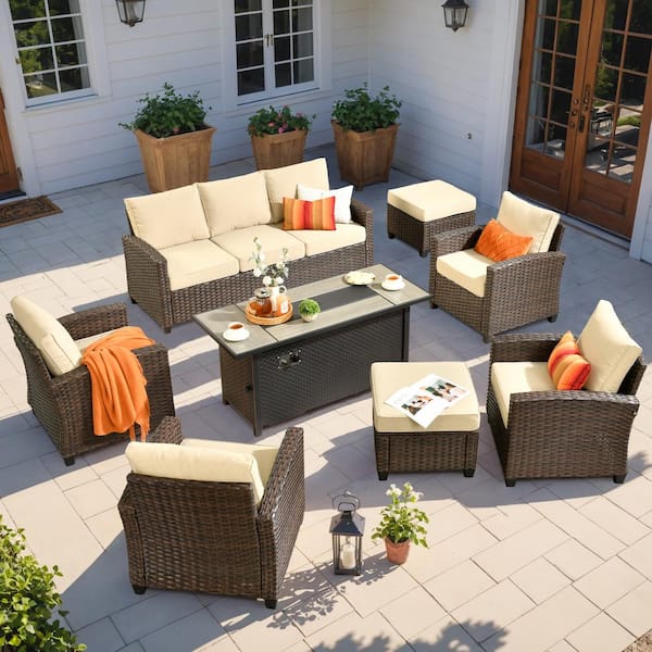 Toject Palermo Brown 8-Piece Wicker Outdoor Modular Patio Furniture Sofa Set with Metal Fire Pit and Beige Cushions