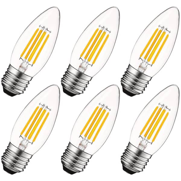LUXRITE 60-Watt Equivalent B10 Dimmable Edison LED Light Bulbs Torpedo Tip Clear Glass 2700K Warm White (6-Pack)