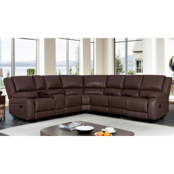 131 in. 7 Pieces Modular Modern Faux Leather Manual Reclining Sectional Sofa With Console in Brown