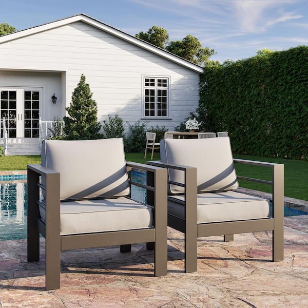 Dark Gray Aluminum Patio Outdoor Lounge Chair with Light Gray Cushions (2-Pack)