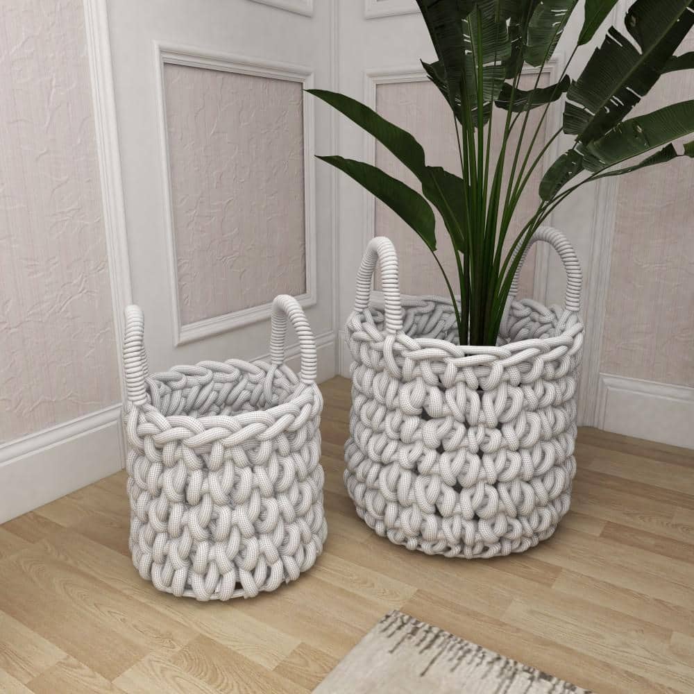 Gray Fabric Round Storage Baskets with Handles, Set of 2