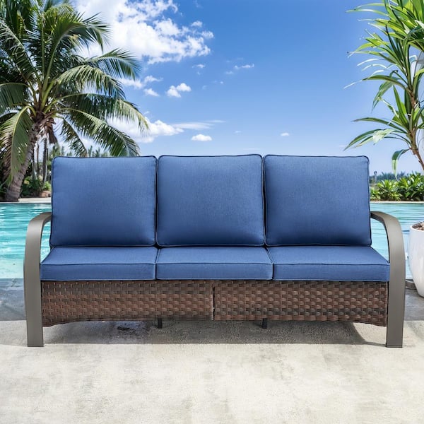 Iron Bend Series 3-Seat Brown Wicker Outdoor Patio Sofa Couch with Blue Cushions