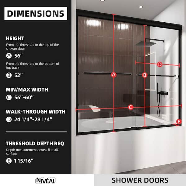 Victory 56 in. H x 60 in. W Sliding Semi-Frameless Tub Door in Matte Black Finish with Clear Glass