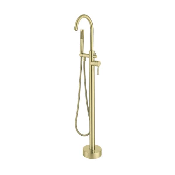 Timeless Home Dual-Handle Floor Mounted Roman Tub Faucet with Handshower in Brushed Gold