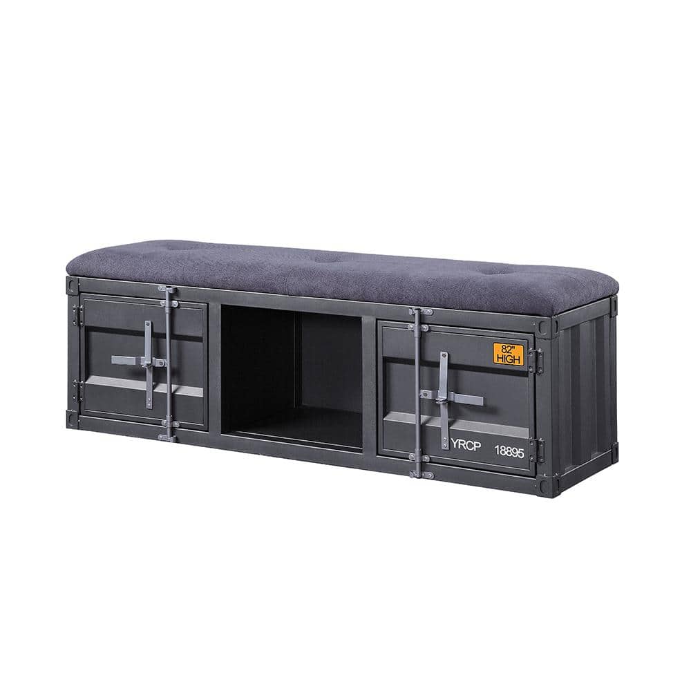 Contemporary Gray Fabric Cargo Storage Bench, 56" Gunmetal Accents