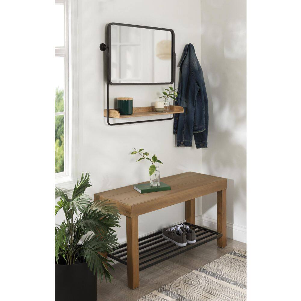 Rustic Brown and Black Rectangular Wall Mirror with Shelf
