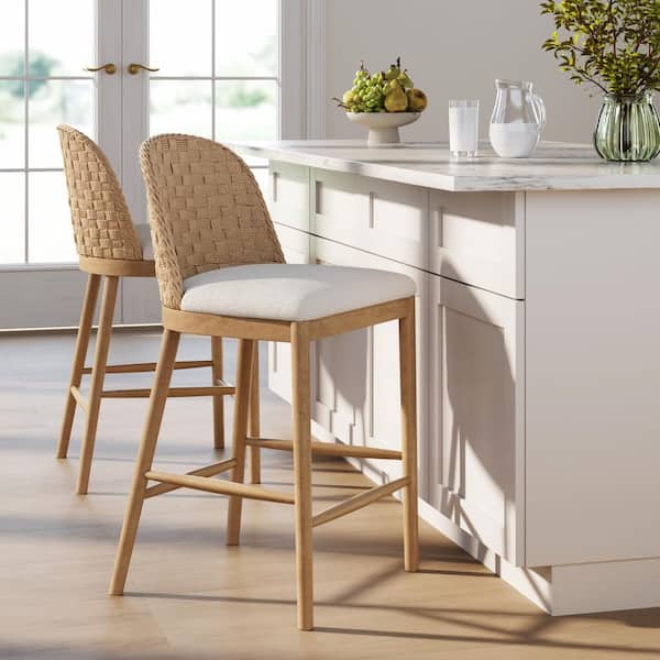 Rikki Light Brown Solid Wood Seagrass Bar Stool with Back, Cream Boucle Counter Stool with Upholstered Seat, (2-Pack)