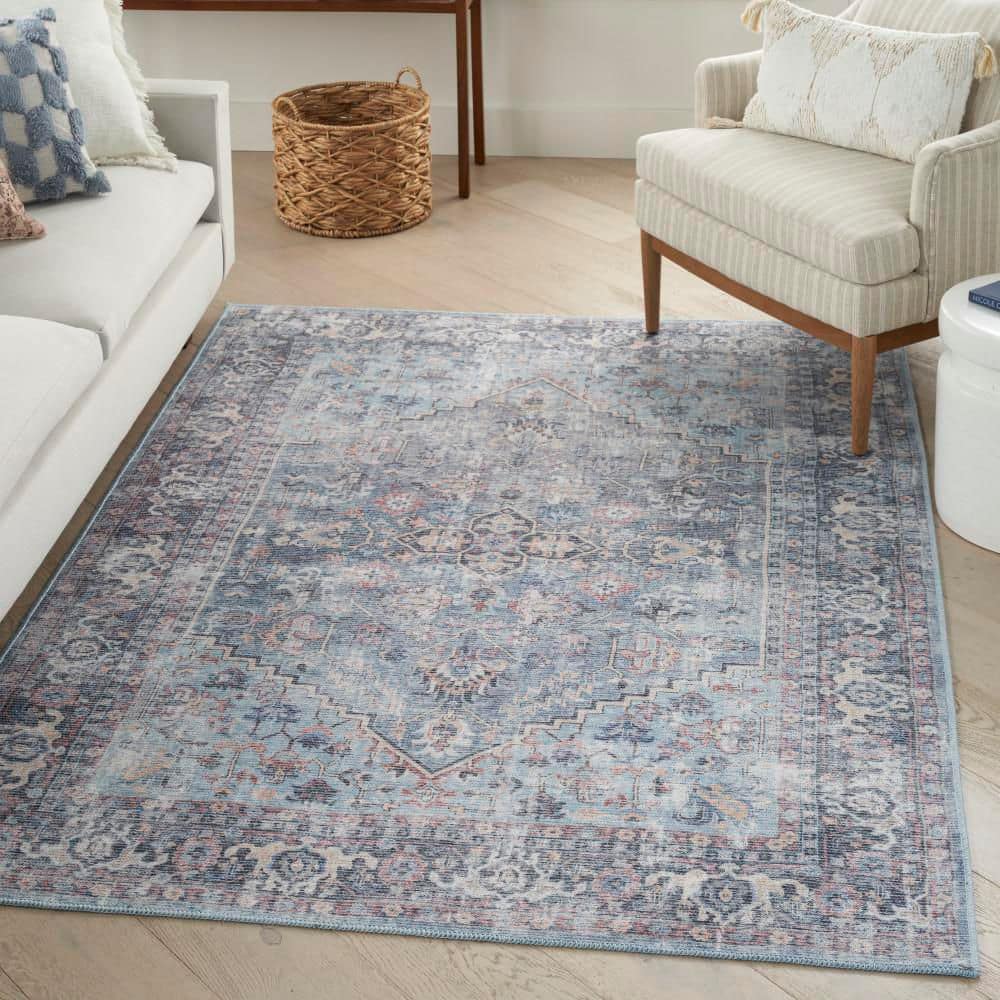 Light Grey and Blue Floral Cotton Chenille Rectangular Rug 6' x 9'