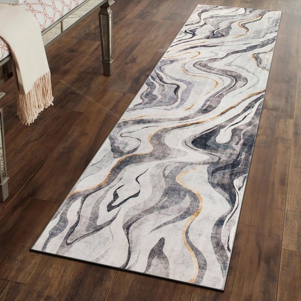 Contemporary Marble Washable Non Slip Gray 2 ft. x 10 ft. Runner Rug