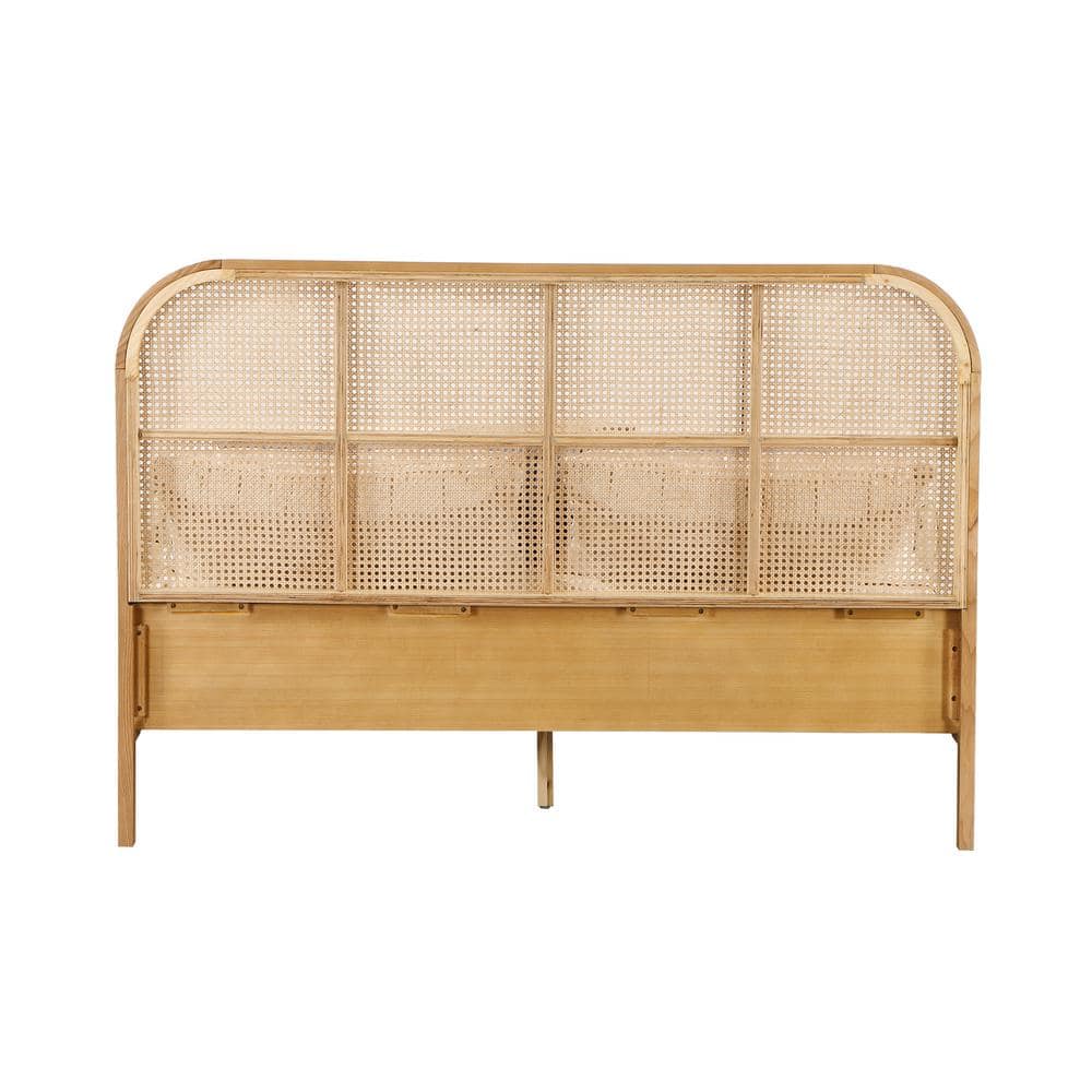 Natural Oak Queen Bed with Rattan Headboard and Storage Drawer