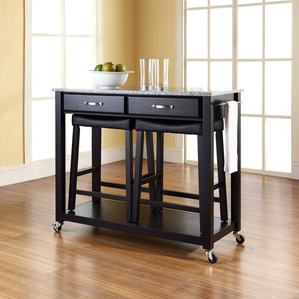 Black Granite Top Kitchen Cart with Storage and Drawers