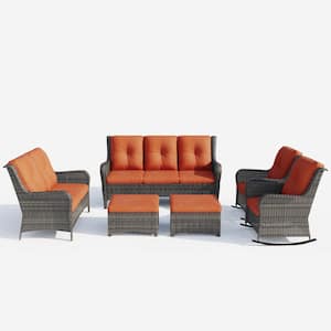 Brown 6-Piece Wicker Outdoor Patio Conversation Set with Orange Cushions and Rocking Chairs