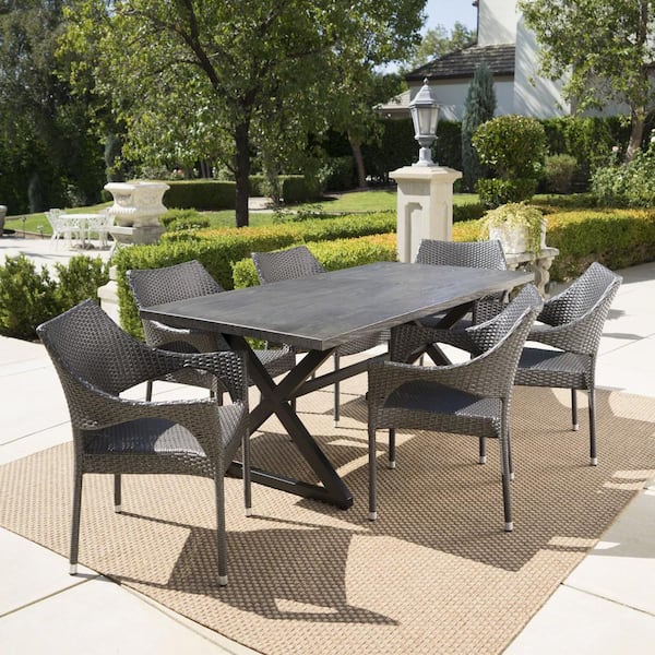 Noble House Grayson Grey 7 Piece Wicker, Aluminum Patio Dining Sets Under 500