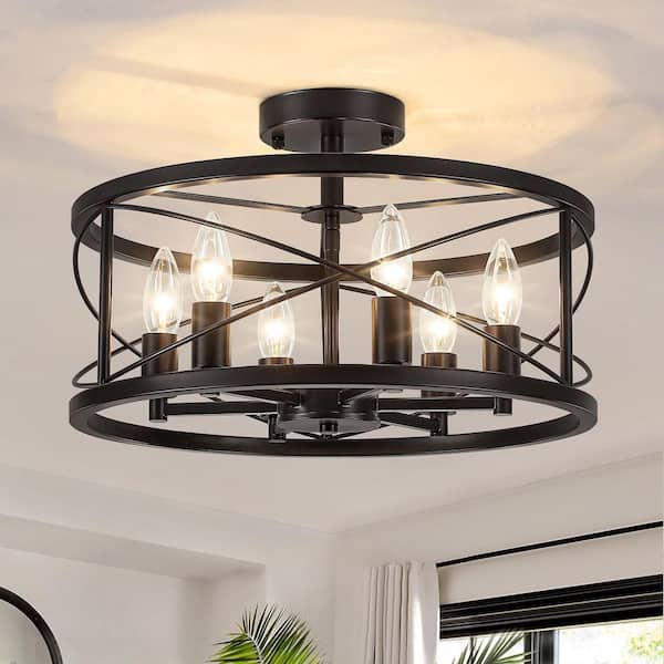 16.53 in. 6-Light Black Drum Semi Flush Mount Ceiling Light with No Bulbs Included