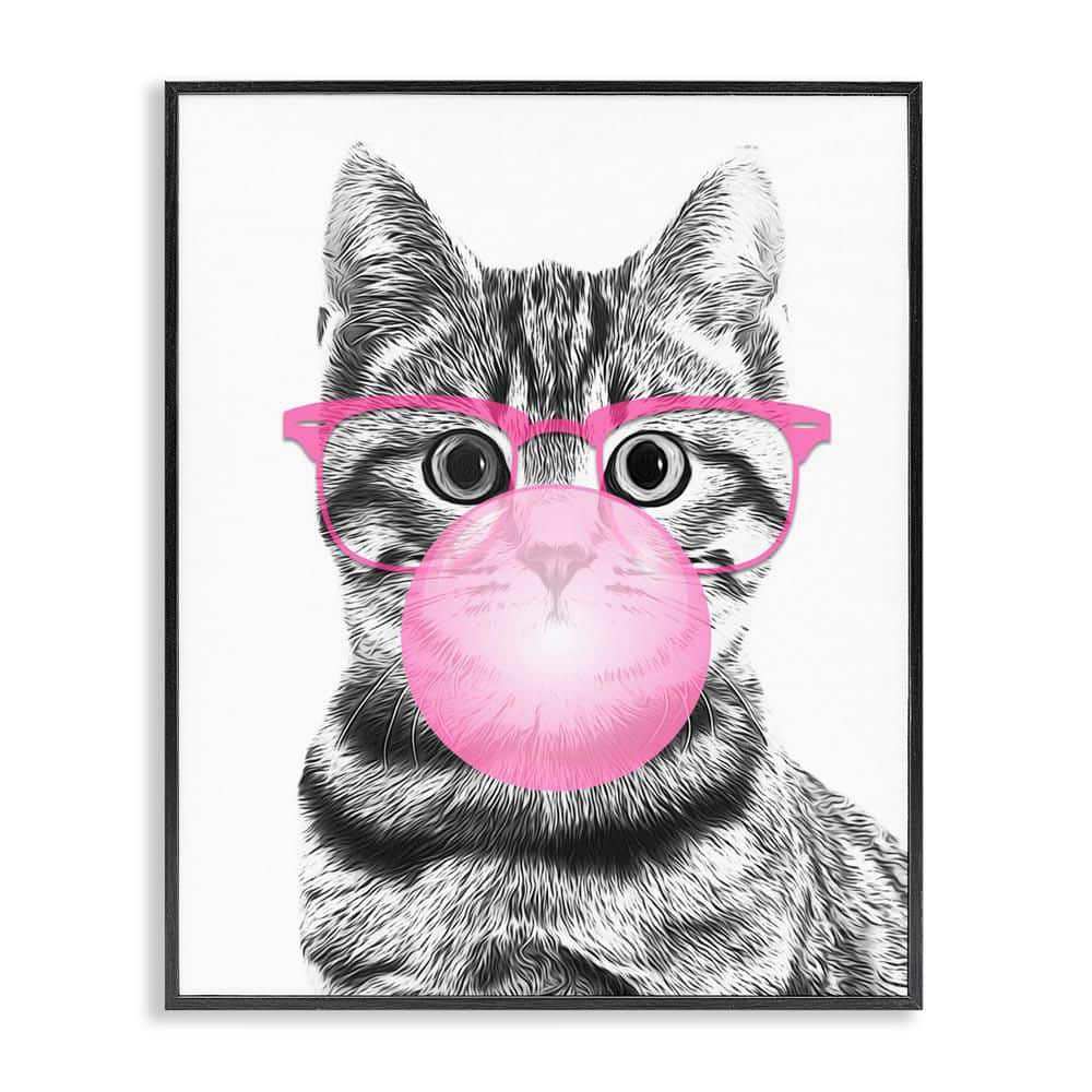 Cat Bubble Gum Glasses Monochrome Illustration by Annalisa Latella Black Framed Giclee Art Print Animal 30 in. x 24 in. price history on PriceWatchPro