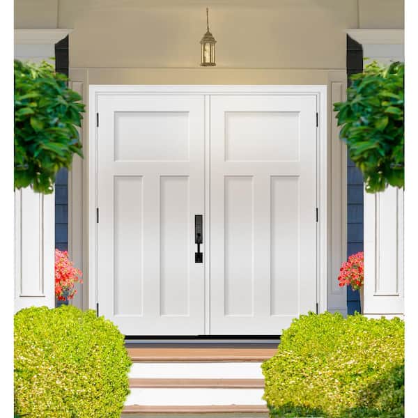 Legacy 64 in. x 80 in. 3 Panel Craftsman RHOS Unfinished White Fiberglass Double Prehung Front Door with 6-9/16 Jamb