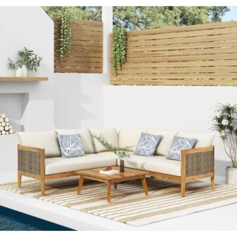Tenleaf 4-Piece Wood Patio Conversation Set with Beige Cushions ...