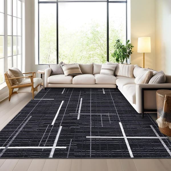 Striped Bedside Foldable Geometric Print Carpet Soft Thin Carpet Living Room Laundry Room Black 9 ft. x 12 ft. Area Rug
