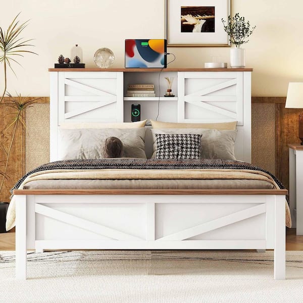 Polibi White Wood Frame Full Size Platform Bed with Double Sliding Barn Door,Charging Station