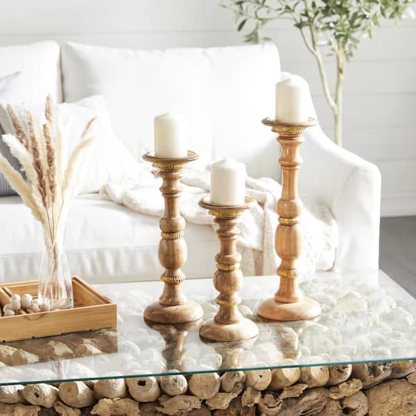 Litton Lane Brown Mango Wood Natural Candle Holder (Set of 3)