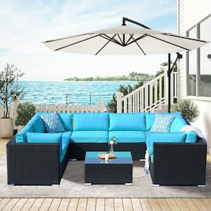 9-Piece PE Wicker Patio Conversation Set, All Weather Furniture Set and Glass Table with Black Wicker and Blue Cushions