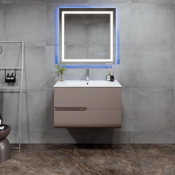 Ways 32 in. Single Sink Floating Mocha Bath Vanity with White Porcelain Top (Assembled)