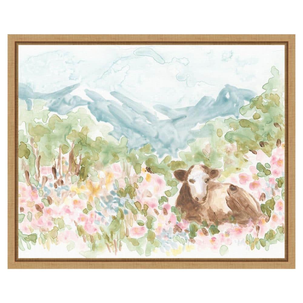 Cow Meadow V Brown Maple Framed Canvas Wall Art