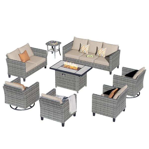New Star Gray 8-Piece Wicker Patio Rectangle Fire Pit Conversation Seating Set with Beige Cushions and Swivel Chairs