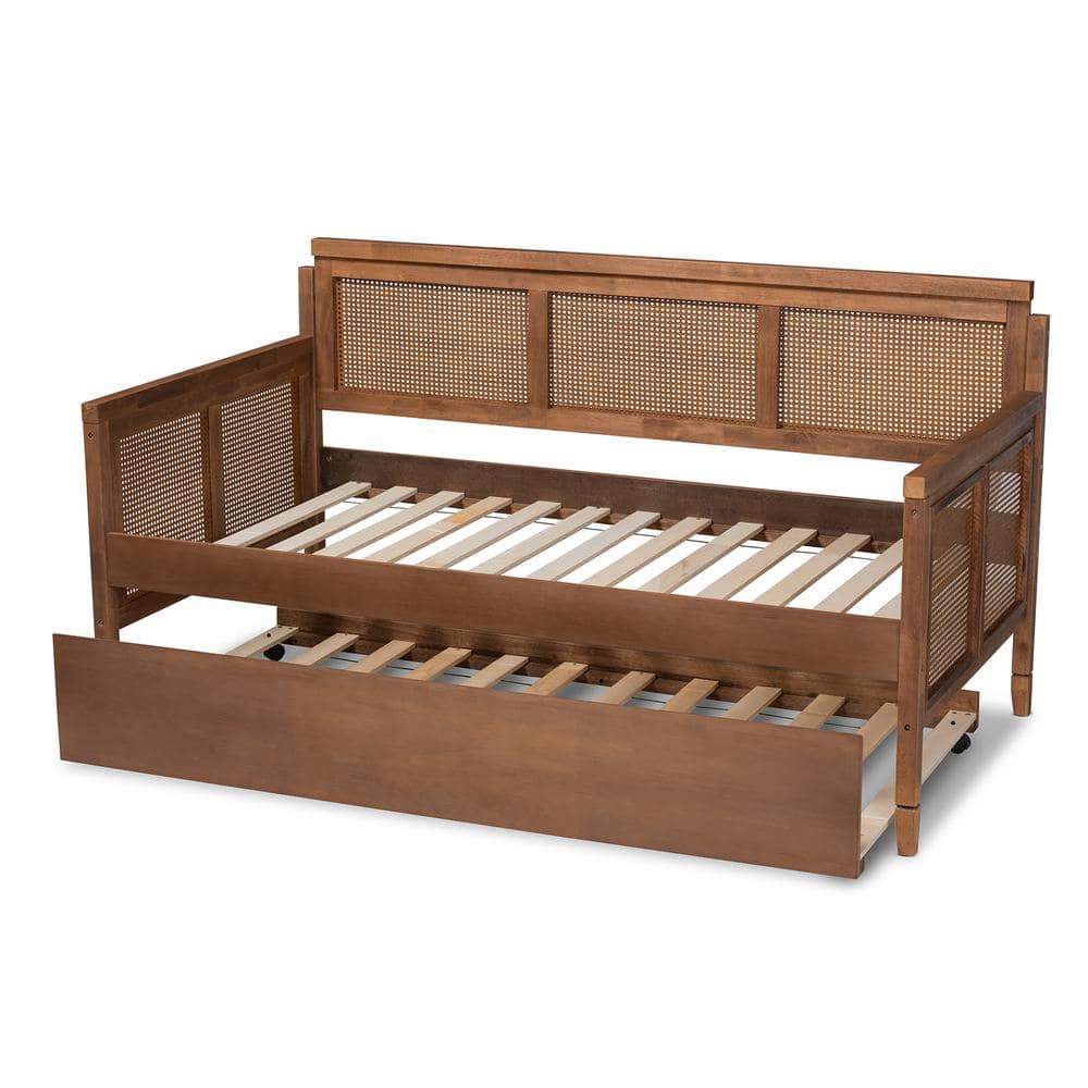 Walnut Wood and Rattan Twin Daybed with Trundle