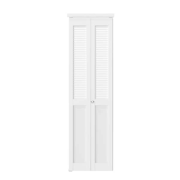 TENONER 24 in. W. x 80 in. Solid Core, MDF Wood, White, PVC Covering, Half Louver Half Panel MDF Bi-fold Door with Hardware Kits