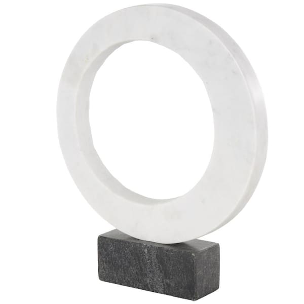 Litton Lane White 10 in. x 12 in. Open Ring Geometric Marble Ceramic Sculpture with Black Block Base