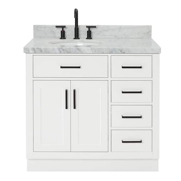 Hepburn 36 in. W x 22 in. D x 36 in. H Bath Vanity in White with Carrara Marble Vanity Top in White with White Basin