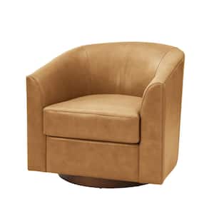 Teeny Modern Genuine leather Swivel Barrel Chair with Solid Wood Base-Camel