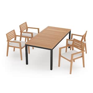 Rhodes 5 Piece Teak Outdoor Patio Dining Set in Canvas Natural Cushions with 72 in. Table
