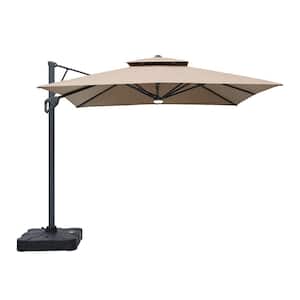 10ft Aluminum and Steel Cantilever LED Outdoor Patio Umbrella in Tan With Base