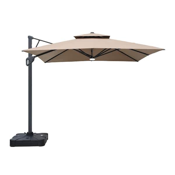 Boyel Living 10ft Aluminum and Steel Cantilever LED Outdoor Patio Umbrella in Tan With Base