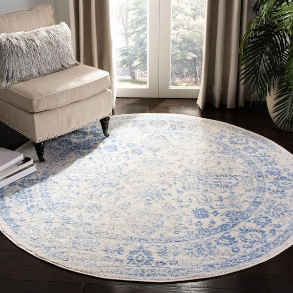 Adirondack Ivory/Light Blue 10 ft. x 10 ft. Border Distressed Round Area Rug