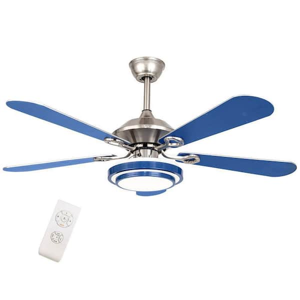 OUKANING 52 in. Indoor Blue and Silver Mute Ceiling Fan for Dining Room Bedroom with 3-Color Integrated LED Light and Remote