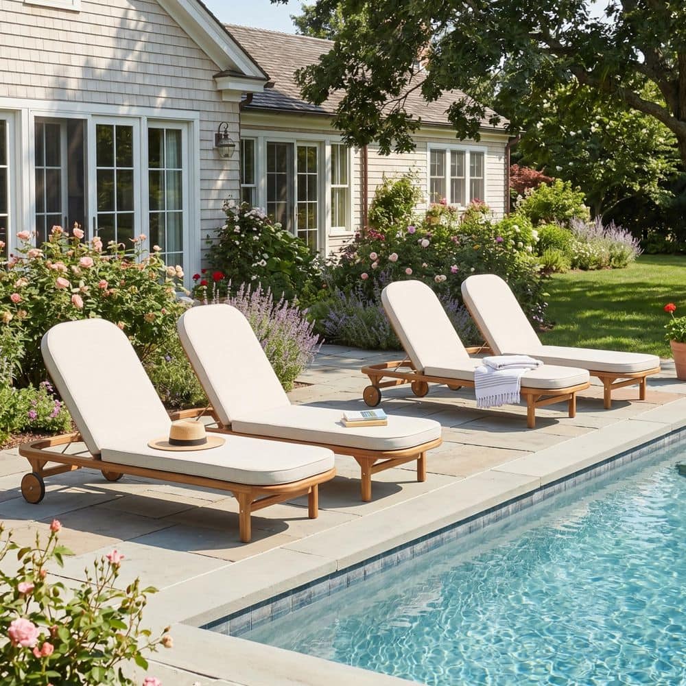 Blyro Patio Teak Finish Solid Wood Outdoor Chaise Lounge with Beige Cushions, Adjustable Backrest, Set of 4 price history on PriceWatchPro