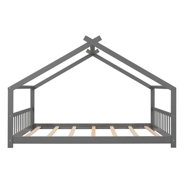 ANBAZAR Gray Full Size Toddlers House Bed with Headboard and Footbard, Wood House Shape Floor Kids Capony Bed Frame