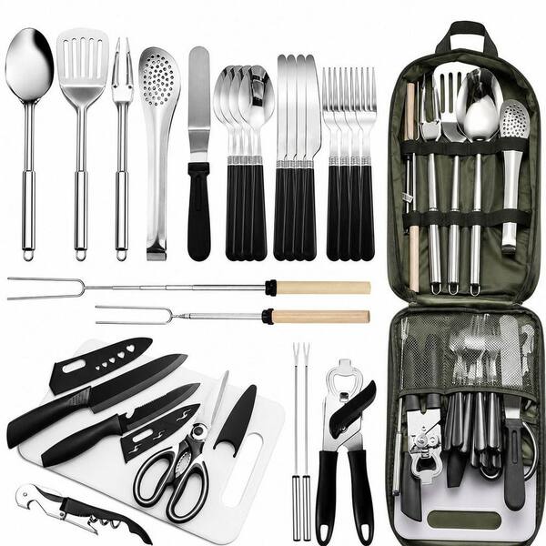 27-Piece Stainless Steel Outdoor Cookware Set in Green, Portable Camping Kitchen Utensil Set, Grilling Utensil Set