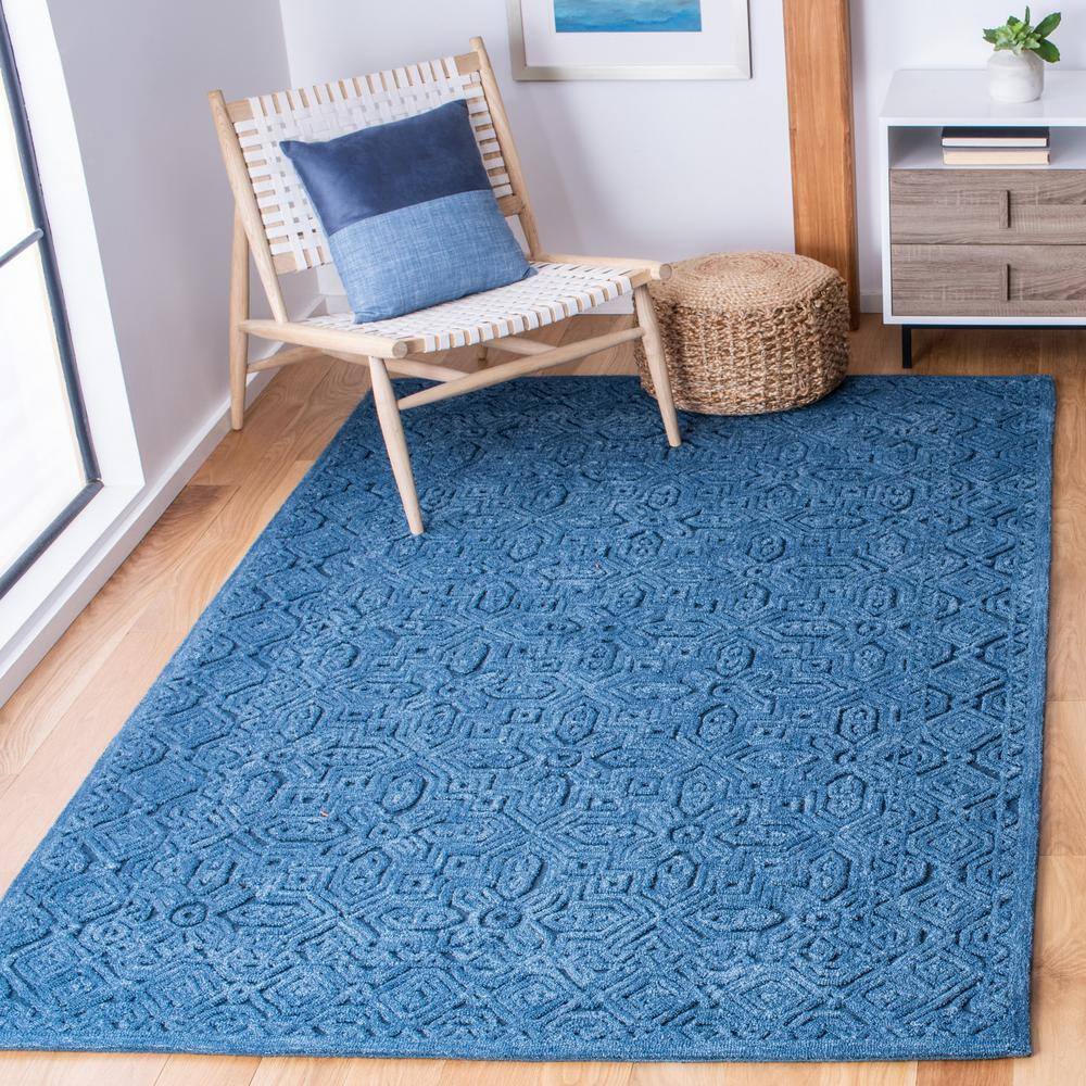 Blue Geometric Tufted Wool 6' x 9' Area Rug