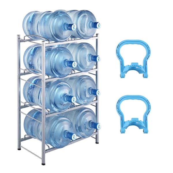SKYSHALO 4-Tiers Water Jug Holder, 5-Gallon Water Bottle Holder, Double Row Water Bottle Rack for 8-Bottles, Heavy Duty, Silver