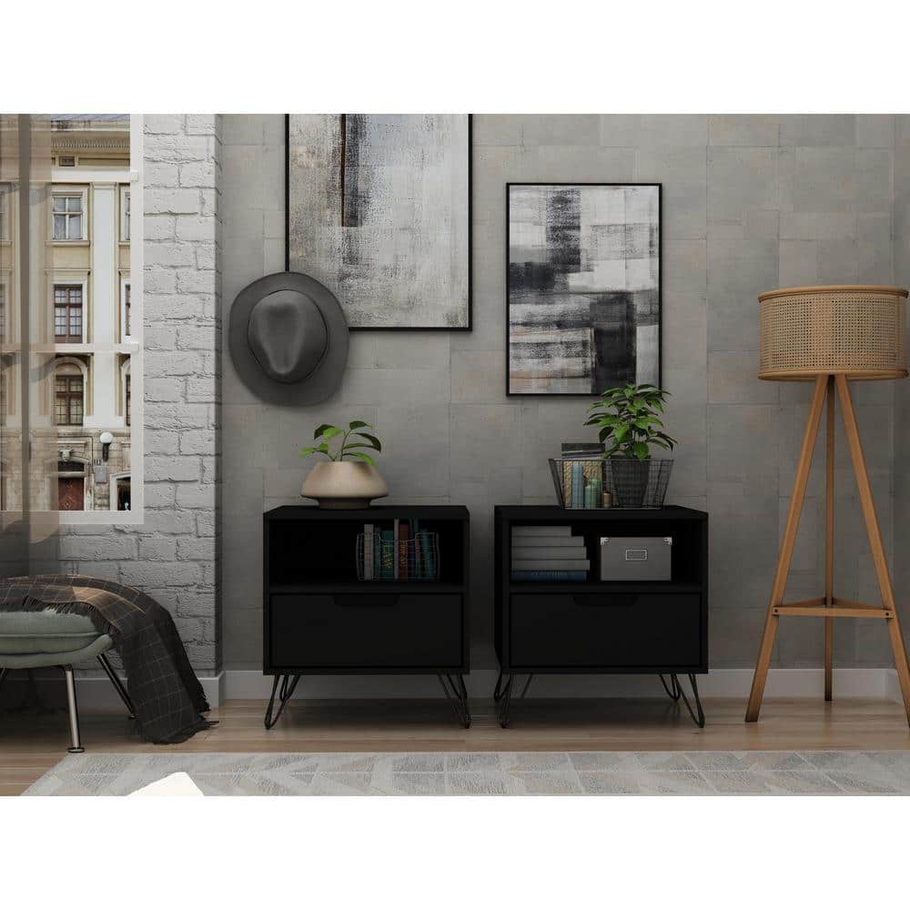 Rockefeller Black MDF 1-Drawer Nightstands with Metal Legs, Set of 2