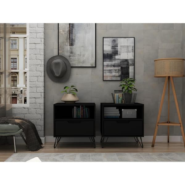 Manhattan Comfort Rockefeller 1-Drawer Black Nightstand (Set of 2)