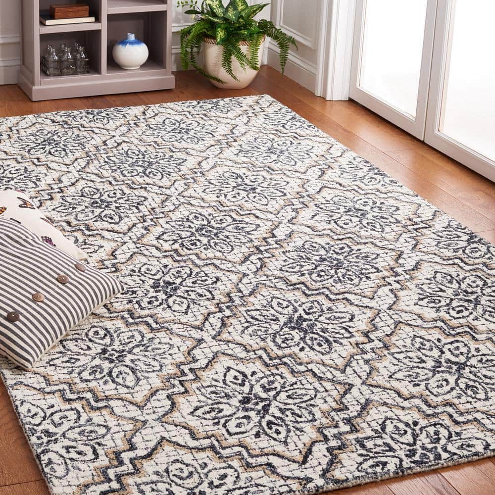 Ivory and Navy Abstract Handmade Wool Area Rug